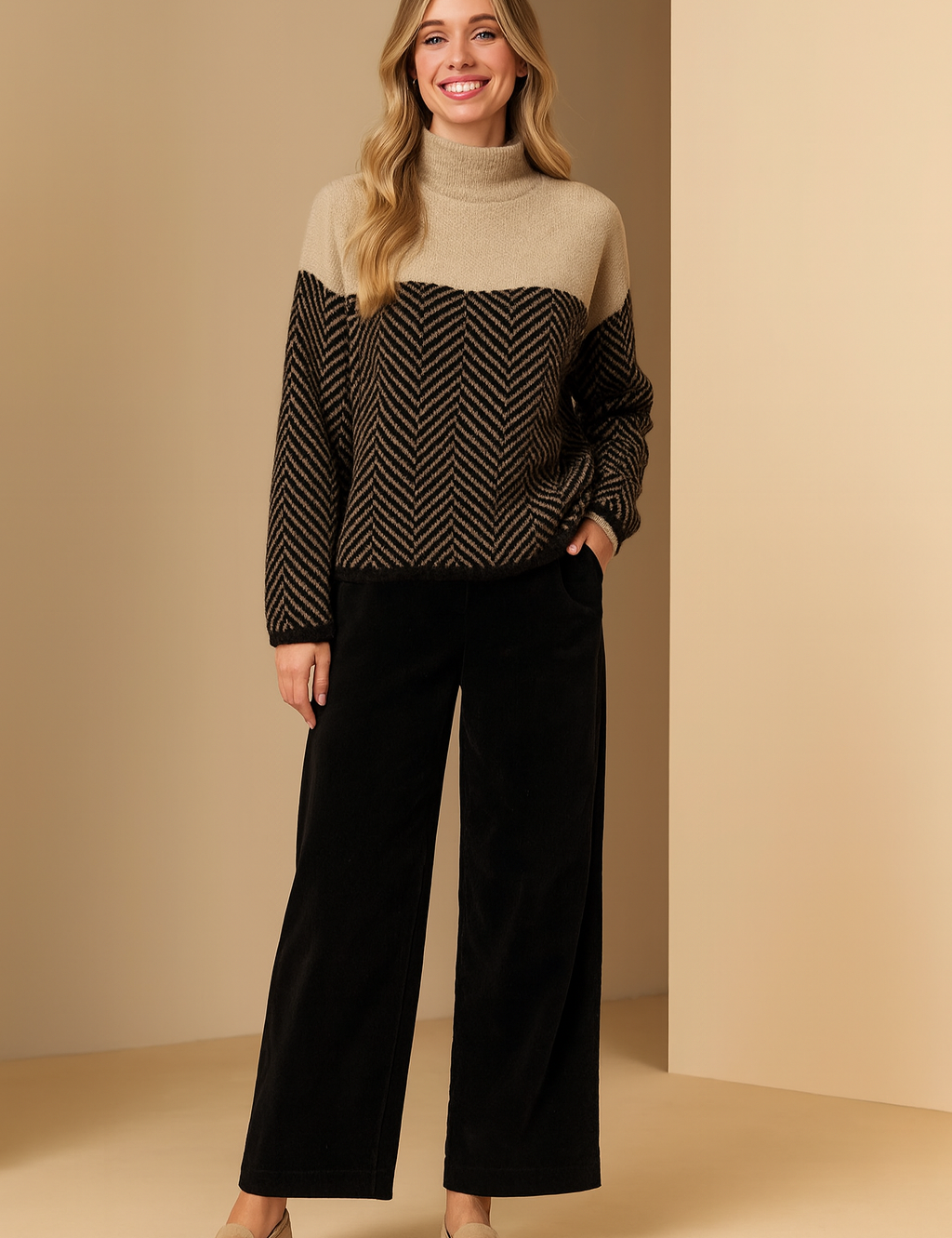 Beige and black color-blocked high-neck sweater with a bold chevron pattern on the lower half and sleeves, paired with black straight-leg trousers and beige lace-up sneakers.