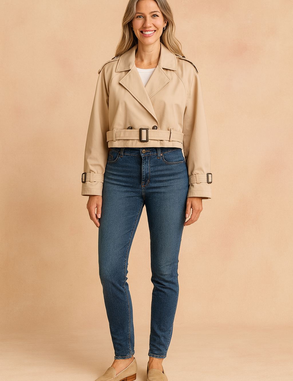 Cropped beige trench coat with double-breasted front, shoulder epaulettes, belted waist, and adjustable cuff straps, paired with slim blue jeans and beige suede loafers.
