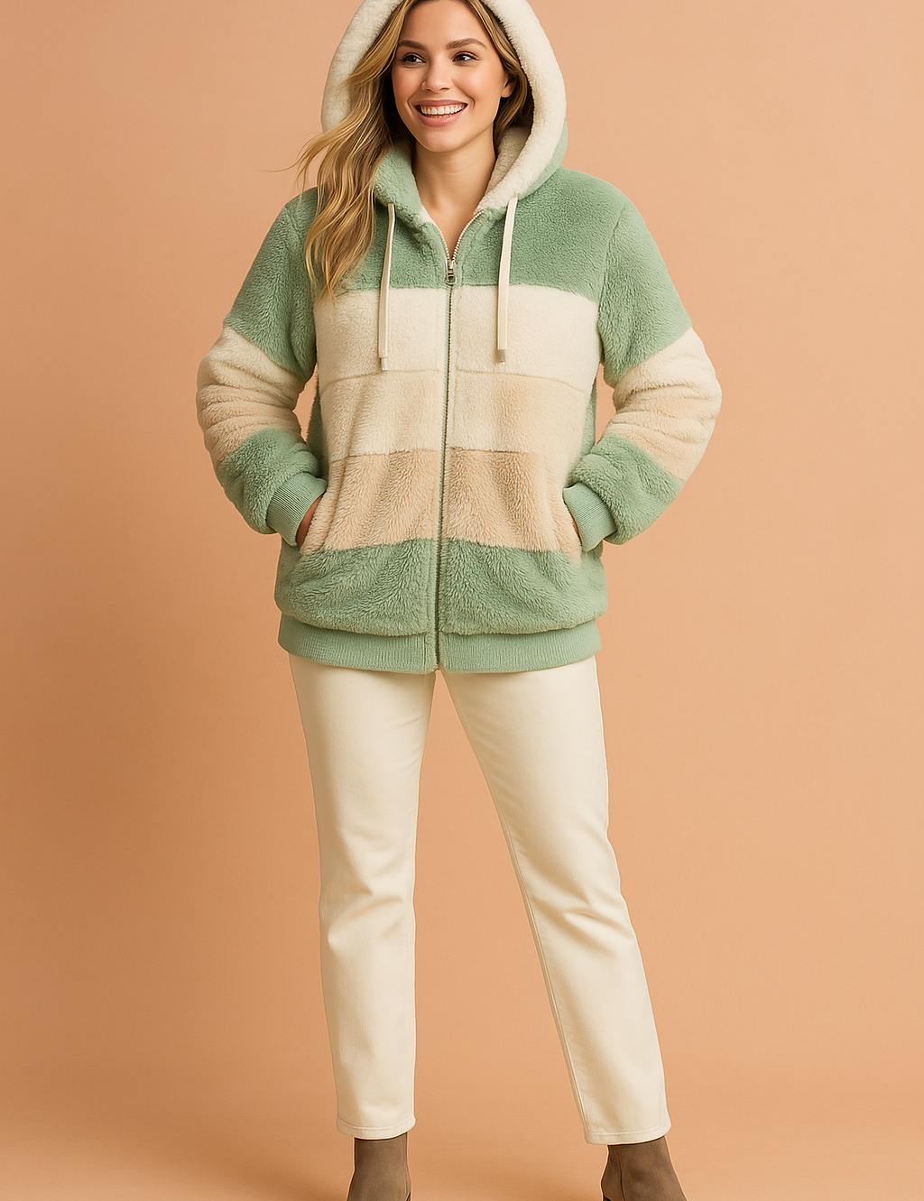 Cozy hooded faux-fur jacket with mint green, cream, and beige block stripes, front zipper closure, ribbed cuffs and hem, styled with off-white trousers and taupe ankle boots.