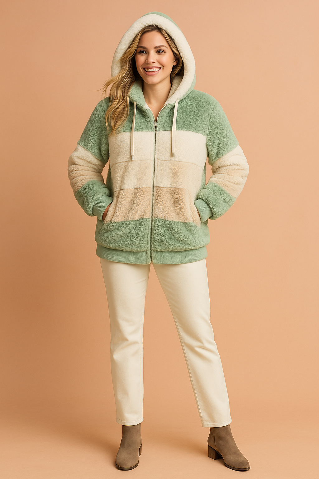 Cozy hooded faux-fur jacket with mint green, cream, and beige block stripes, front zipper closure, ribbed cuffs and hem, styled with off-white trousers and taupe ankle boots.