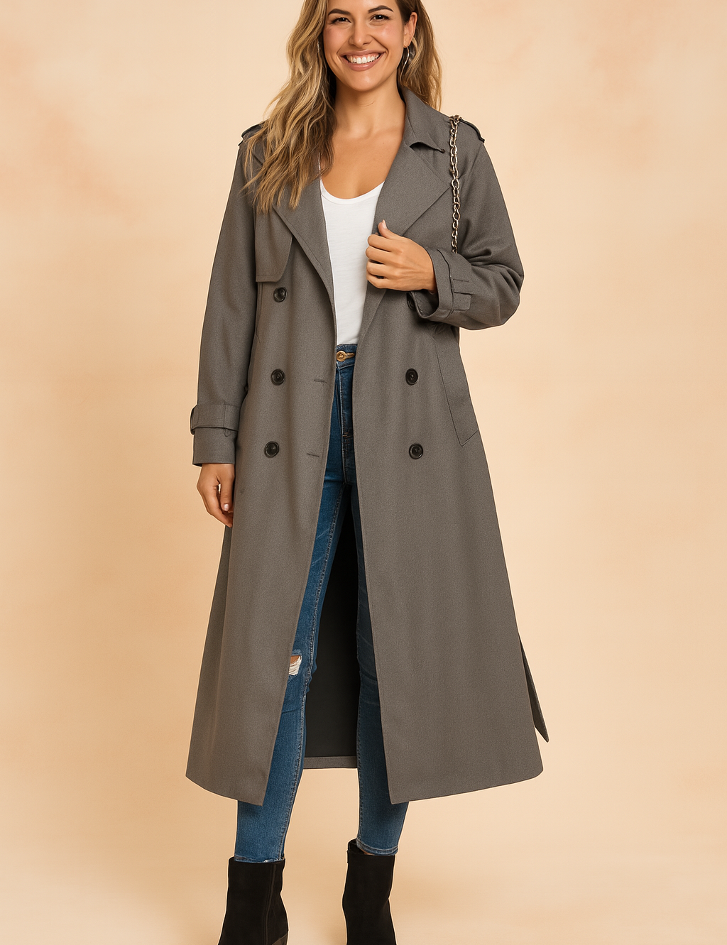 Long double-breasted gray trench coat with wide lapels, matching belt detail on cuffs, paired with a white scoop-neck top, slim-fit distressed blue jeans, and black suede ankle boots.