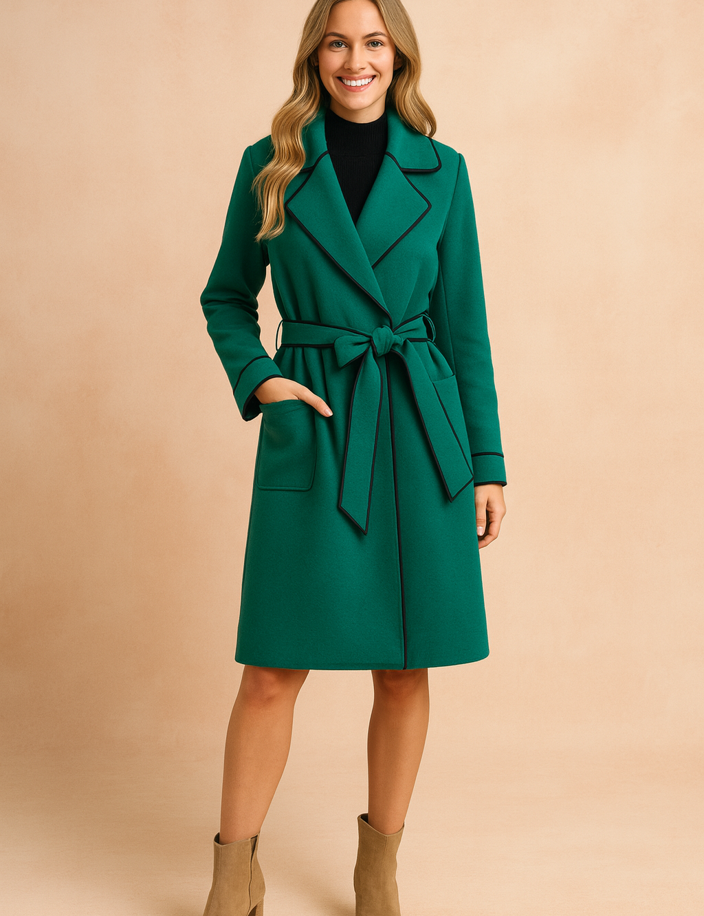 Elegant green belted trench coat with black contrast trim, tailored fit, long sleeves, and a waist tie for a chic, polished look.