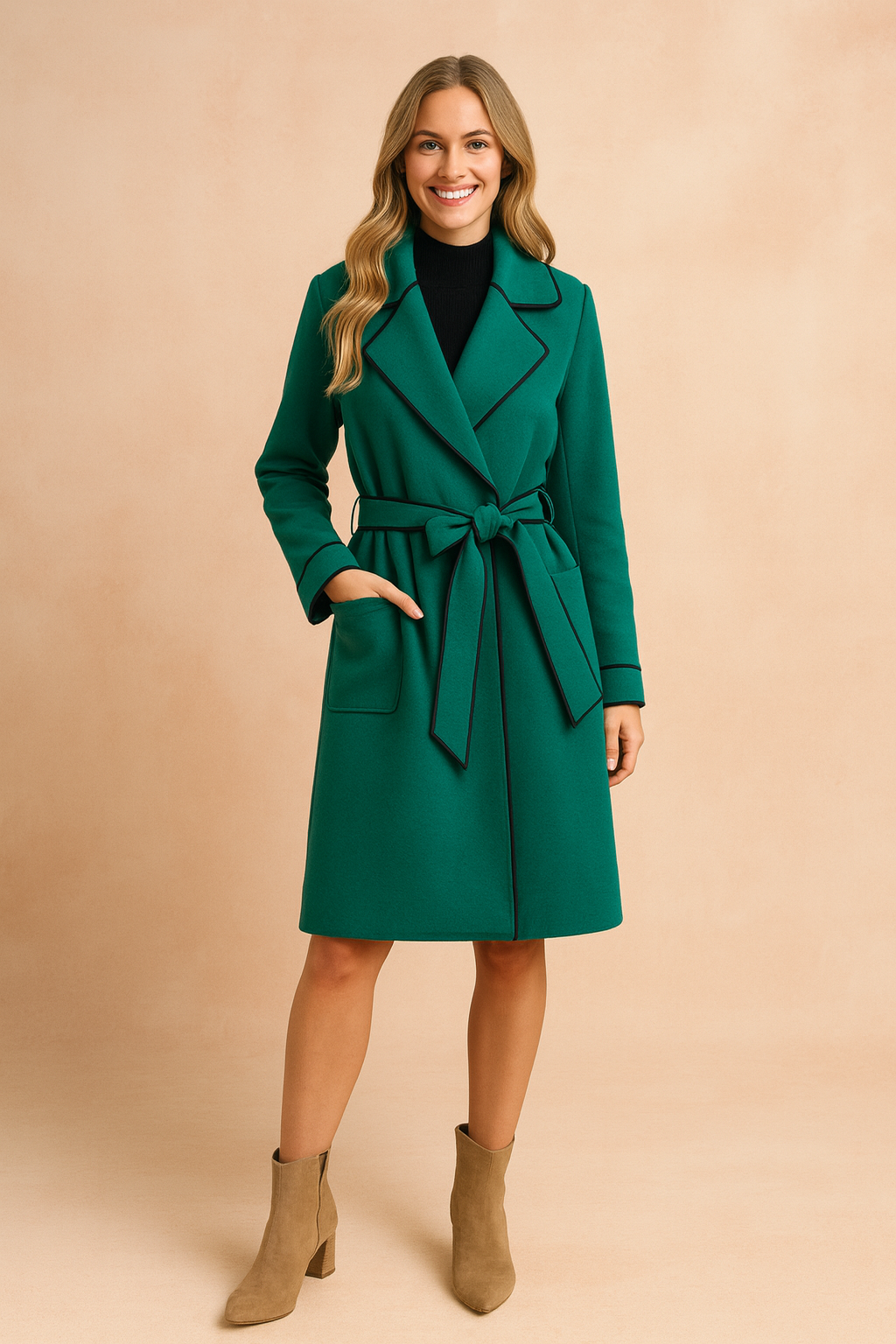 Elegant green belted trench coat with black contrast trim, tailored fit, long sleeves, and a waist tie for a chic, polished look.