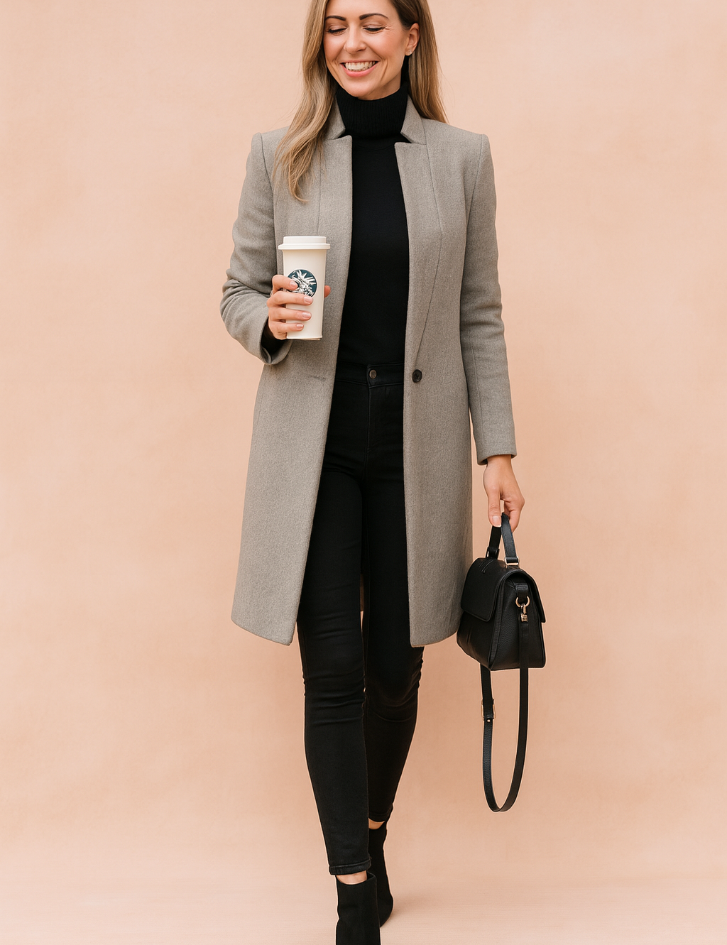 Elegant longline light grey wool coat over a fitted black turtleneck and slim black jeans, paired with black ankle boots and a structured black handbag.