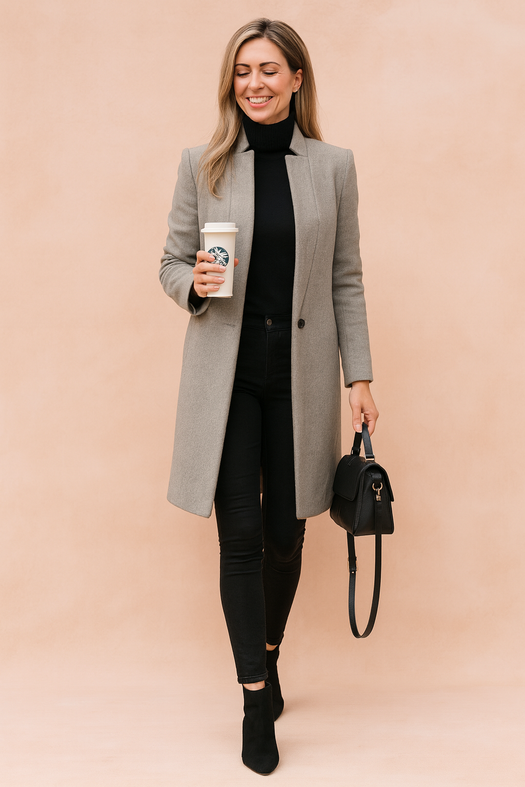 Elegant longline light grey wool coat over a fitted black turtleneck and slim black jeans, paired with black ankle boots and a structured black handbag.