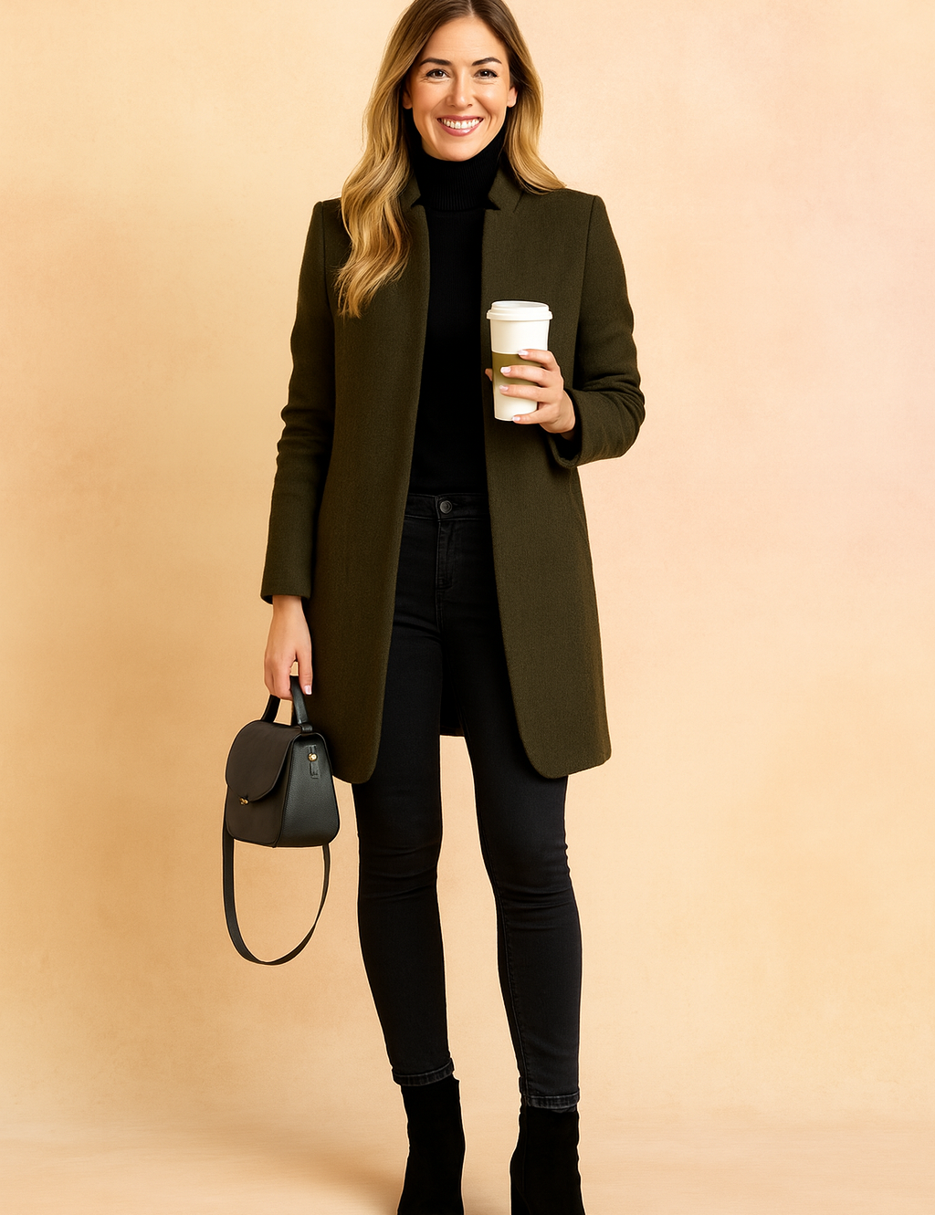 Olive green wool coat with a minimalist cut, paired with a black turtleneck, fitted black jeans, and black suede ankle boots, accessorized with a small structured black leather handbag.
