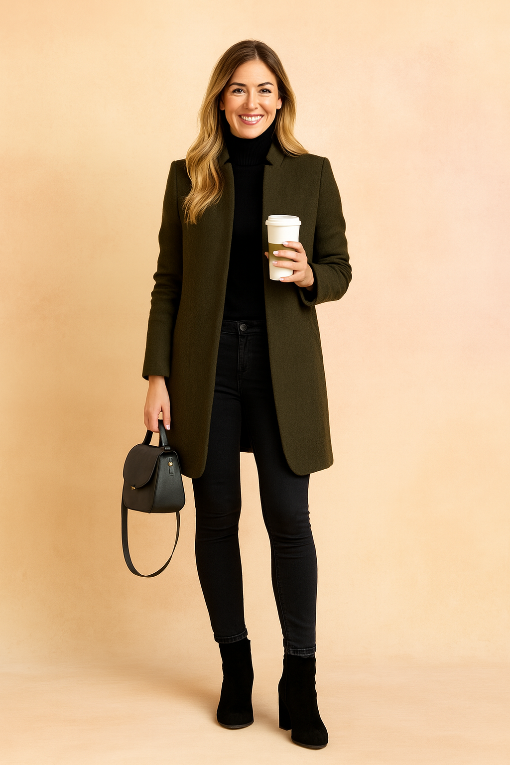 Olive green wool coat with a minimalist cut, paired with a black turtleneck, fitted black jeans, and black suede ankle boots, accessorized with a small structured black leather handbag.