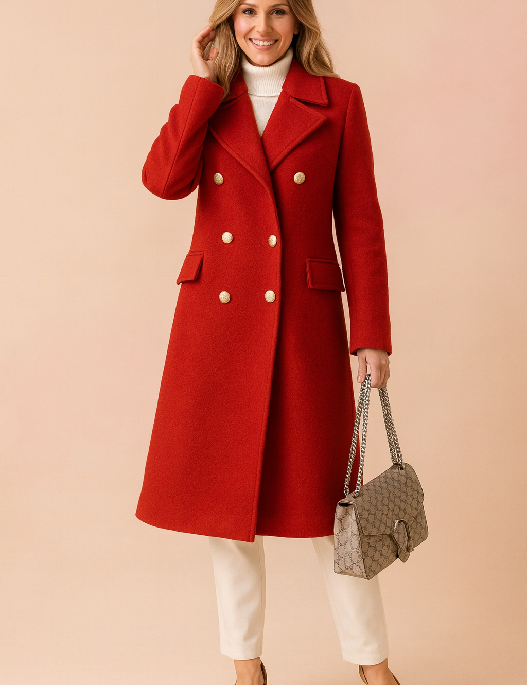 Elegant red double-breasted wool coat with gold buttons, wide lapels, and flap pockets, paired with white trousers and tan suede heels, accessorized with a quilted gray handbag.


