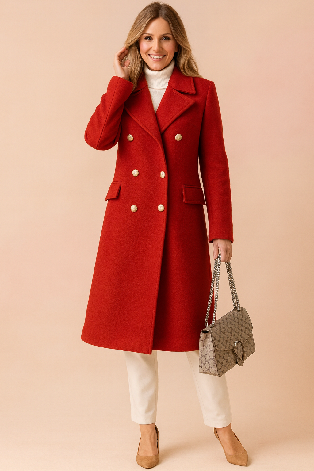 Elegant red double-breasted wool coat with gold buttons, wide lapels, and flap pockets, paired with white trousers and tan suede heels, accessorized with a quilted gray handbag.

