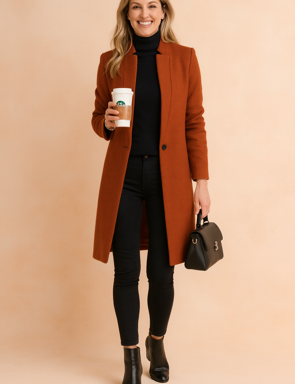 Rust-colored wool coat with a single-button closure, worn over a fitted black turtleneck and black skinny jeans, paired with black ankle boots and a structured black leather handbag.