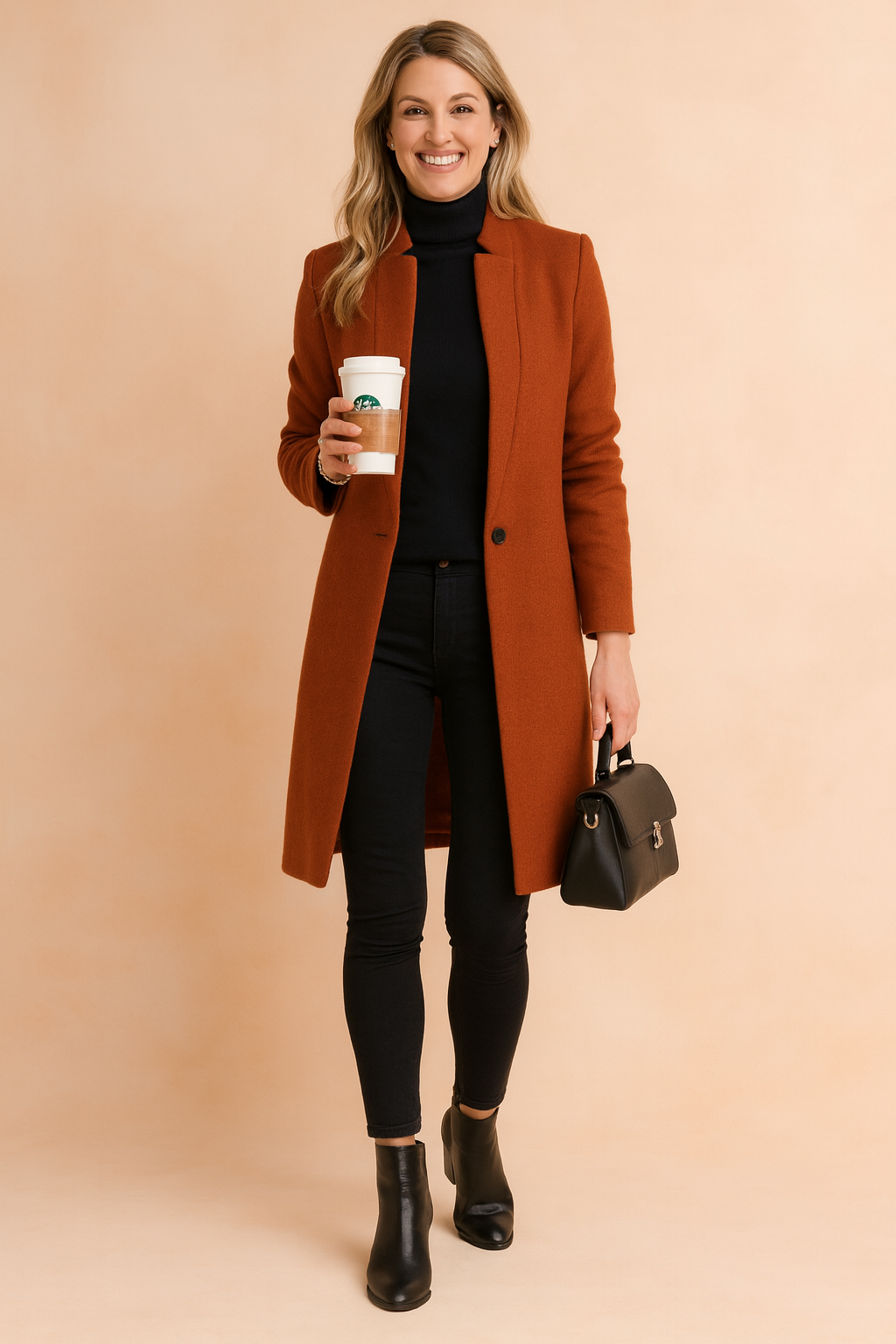 Rust-colored wool coat with a single-button closure, worn over a fitted black turtleneck and black skinny jeans, paired with black ankle boots and a structured black leather handbag.
