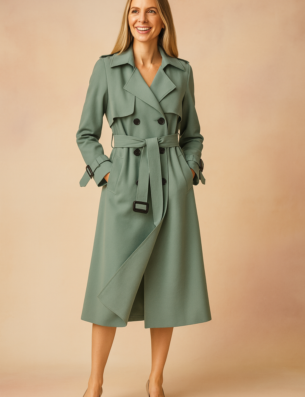 Elegant sage green double-breasted trench coat with matching belt, long sleeves with buckle straps, and a classic knee-length A-line silhouette, paired with beige pointed-toe pumps.