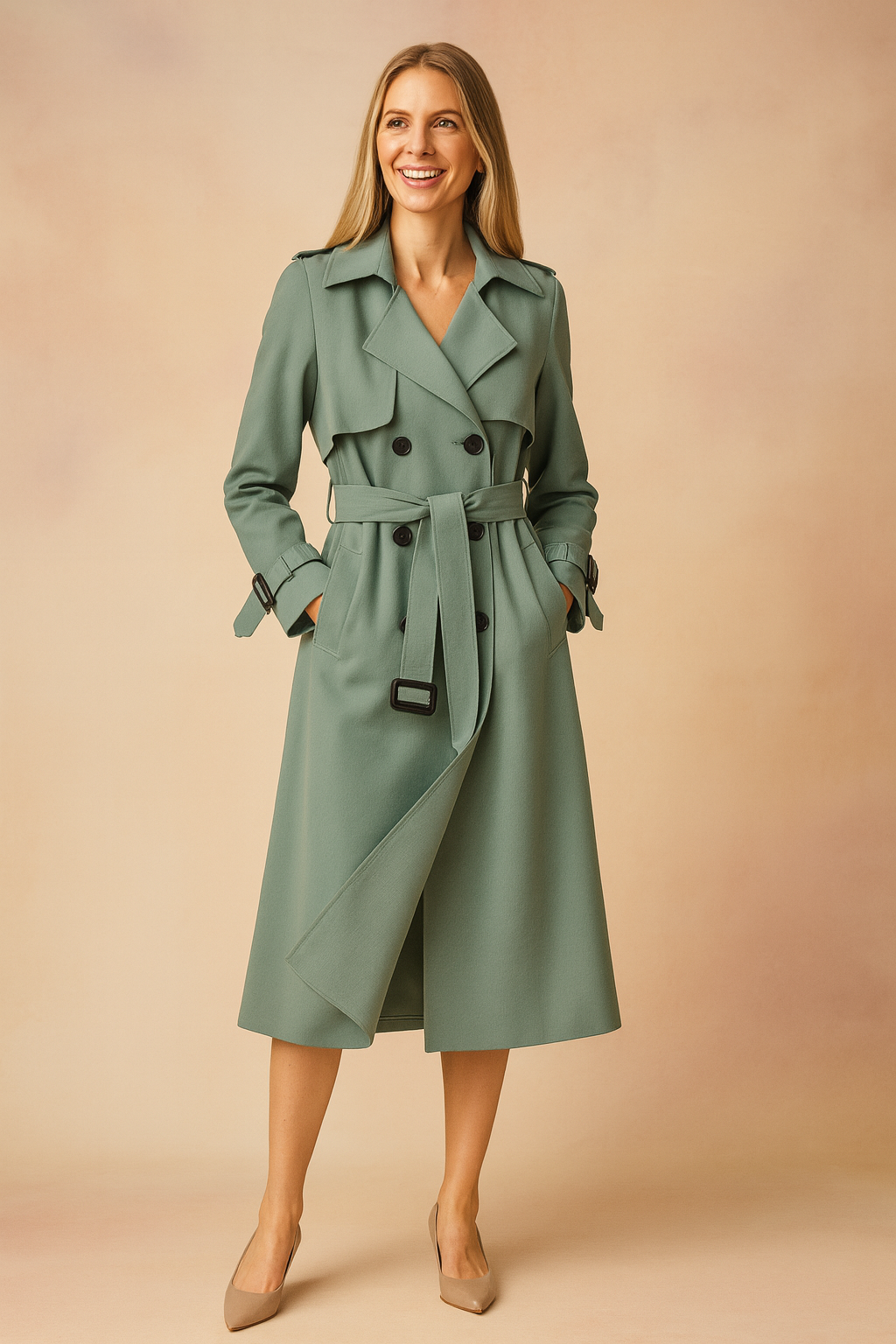 Elegant sage green double-breasted trench coat with matching belt, long sleeves with buckle straps, and a classic knee-length A-line silhouette, paired with beige pointed-toe pumps.