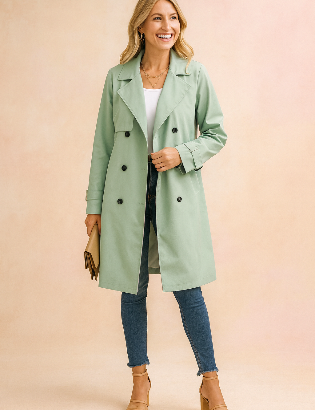 Light sage green double-breasted trench coat with black buttons, paired with a white top, dark blue skinny jeans, tan block-heeled sandals, and a beige clutch bag.