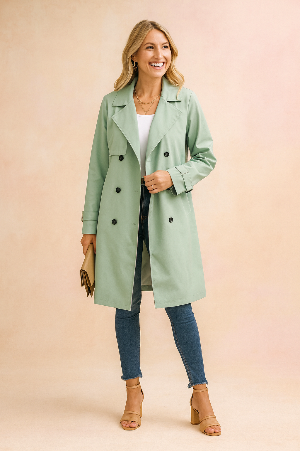 Light sage green double-breasted trench coat with black buttons, paired with a white top, dark blue skinny jeans, tan block-heeled sandals, and a beige clutch bag.