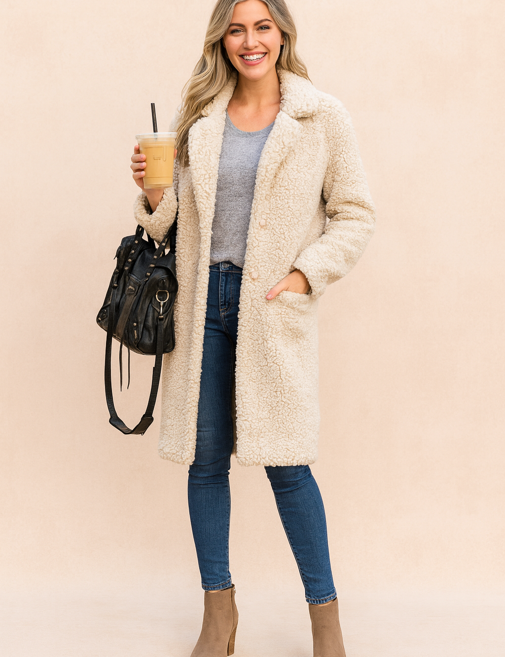 Cream sherpa teddy coat layered over a heather gray knit top, paired with fitted blue denim jeans and taupe suede ankle boots, accessorized with a structured black leather handbag.