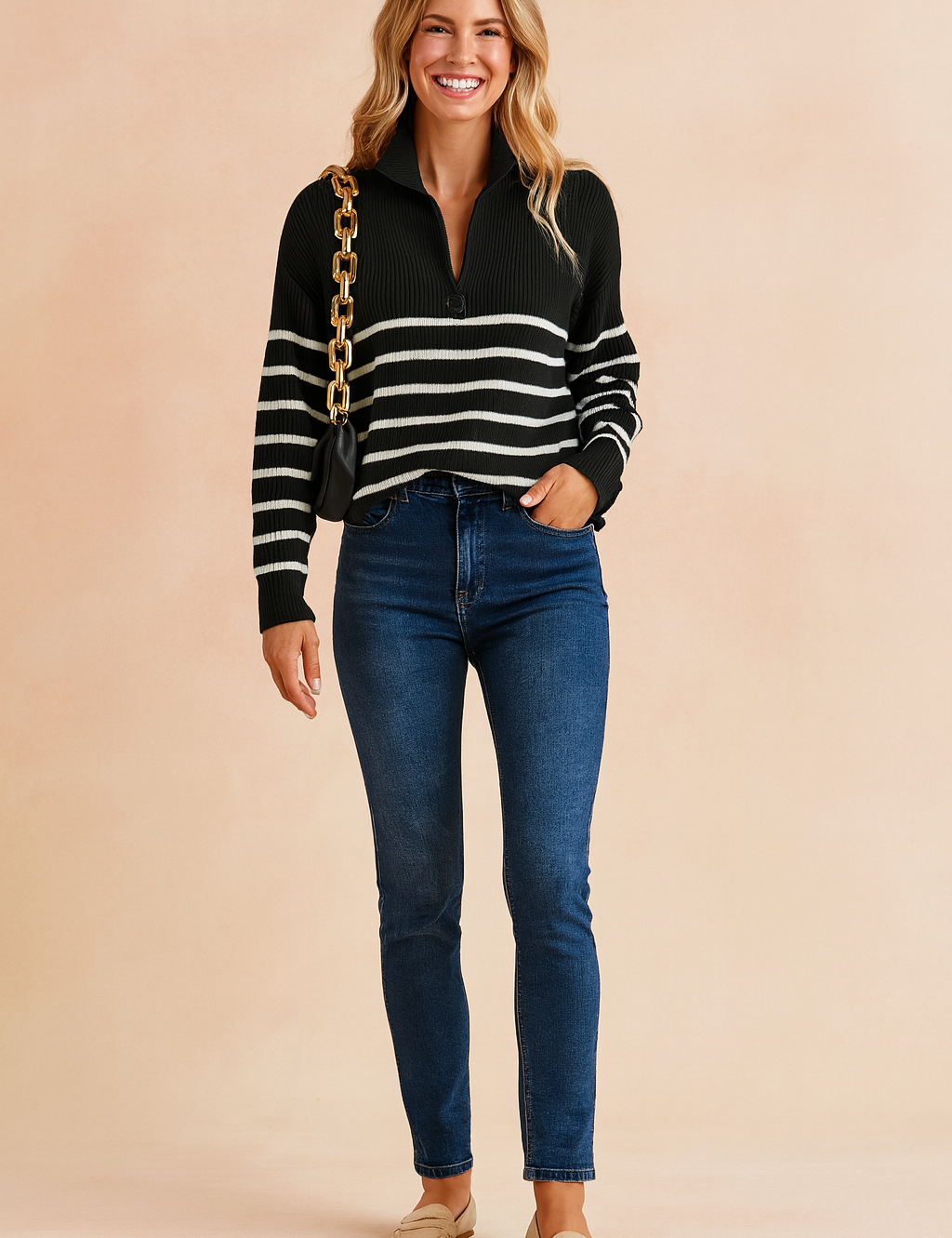 Ribbed black-and-white striped high-collar zip sweater with long sleeves, paired with dark blue slim-fit jeans and beige suede loafers, accessorized with a black leather shoulder bag featuring a chunky gold chain strap.
