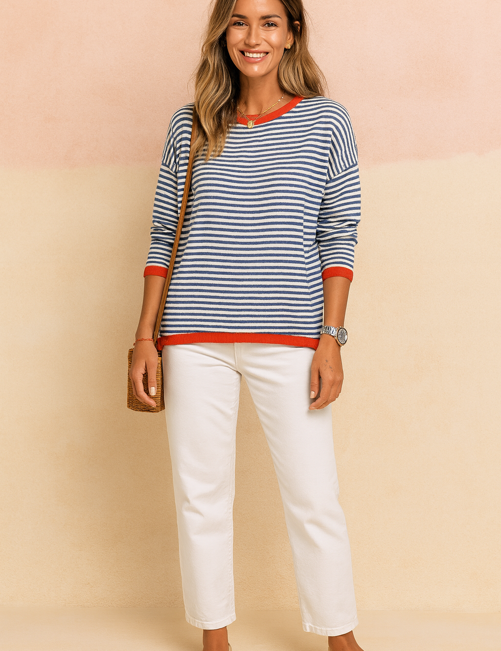 Navy and white horizontal striped sweater with bright red ribbed trim at the neckline, cuffs, and hem, paired with straight-leg white trousers and beige espadrilles.