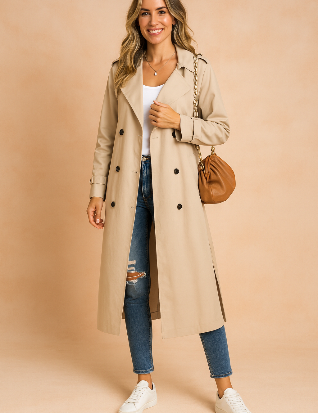  Beige double-breasted trench coat layered over a white fitted top, paired with distressed blue skinny jeans and white low-top sneakers, accessorized with a brown leather shoulder bag and delicate silver jewelry.