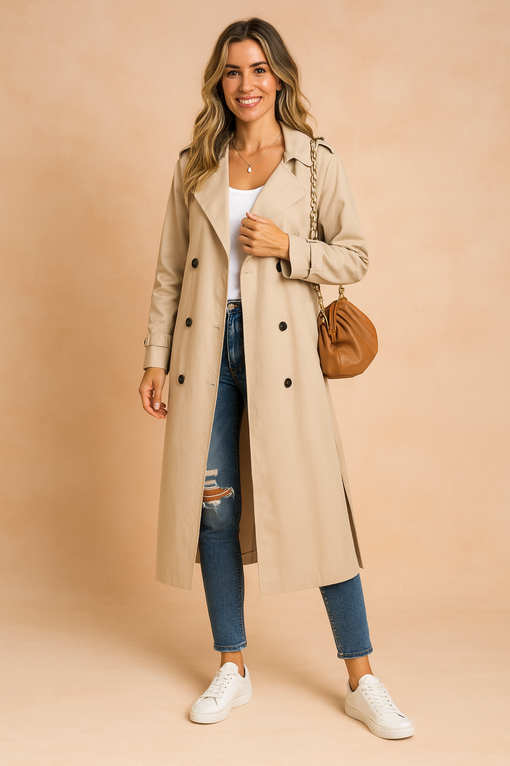  Beige double-breasted trench coat layered over a white fitted top, paired with distressed blue skinny jeans and white low-top sneakers, accessorized with a brown leather shoulder bag and delicate silver jewelry.