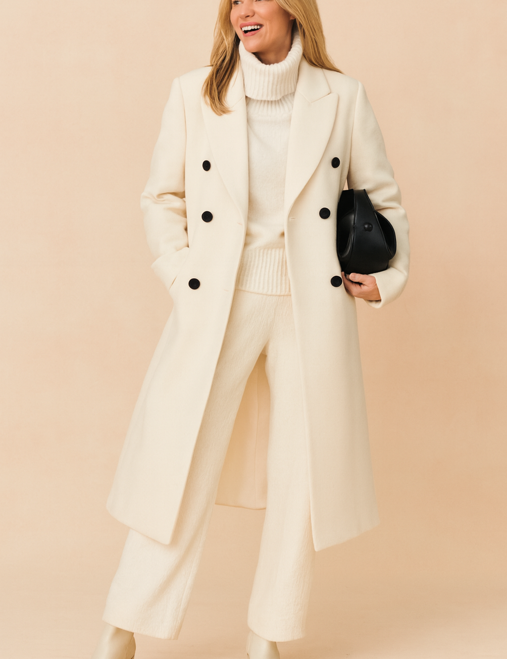  Elegant winter outfit featuring a cream double-breasted wool coat with black buttons, paired with a chunky cream turtleneck sweater, wide-leg cream trousers, and minimalist cream ankle boots, accessorized with a sleek black leather handbag.