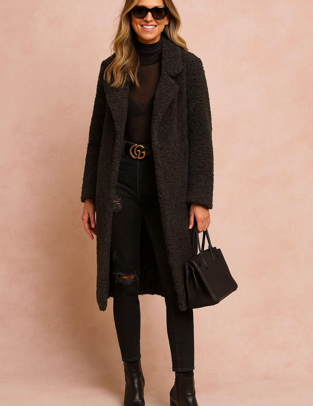  Black textured long coat paired with a sheer black turtleneck, black distressed skinny jeans, black leather ankle boots, and a structured black handbag.