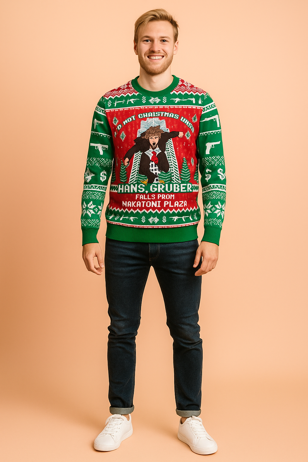 Christmas sweater in red and green featuring a Hans Gruber falling from Nakatomi Plaza design with festive patterns of snowflakes, dollar signs, guns, and Christmas trees.