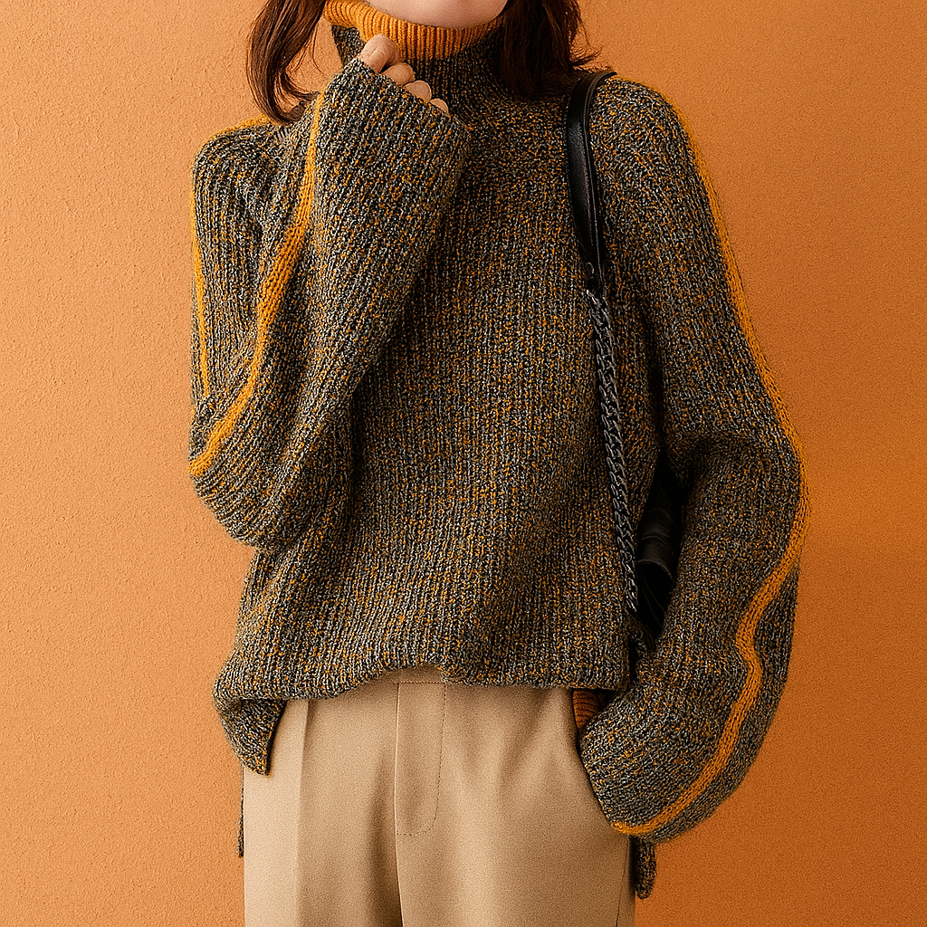Chunky ribbed knit turtleneck sweater in mustard and charcoal with beige trousers, styled with black leather bag against an orange sandy studio wall.