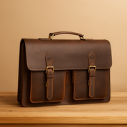 A classic brown leather satchel with dual front buckles and pockets, displayed on a wooden table against a warm sand and pastel blush gradient background.