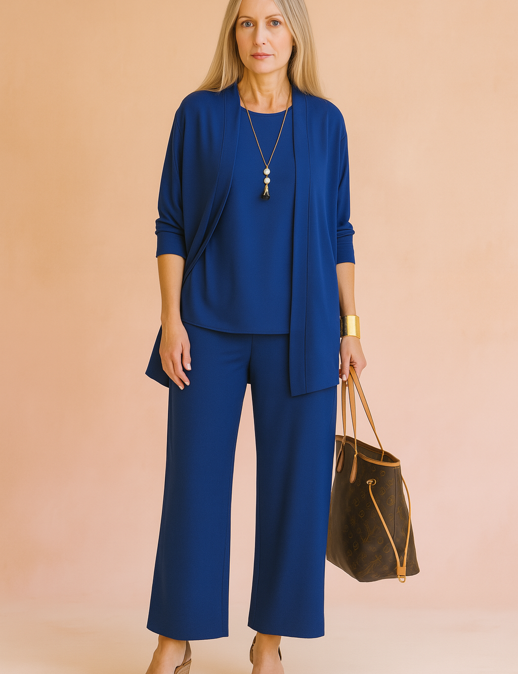 Elegant cobalt blue three-piece women’s outfit featuring an open-front cardigan, matching loose-fit tunic, and wide-leg trousers in soft stretch fabric.