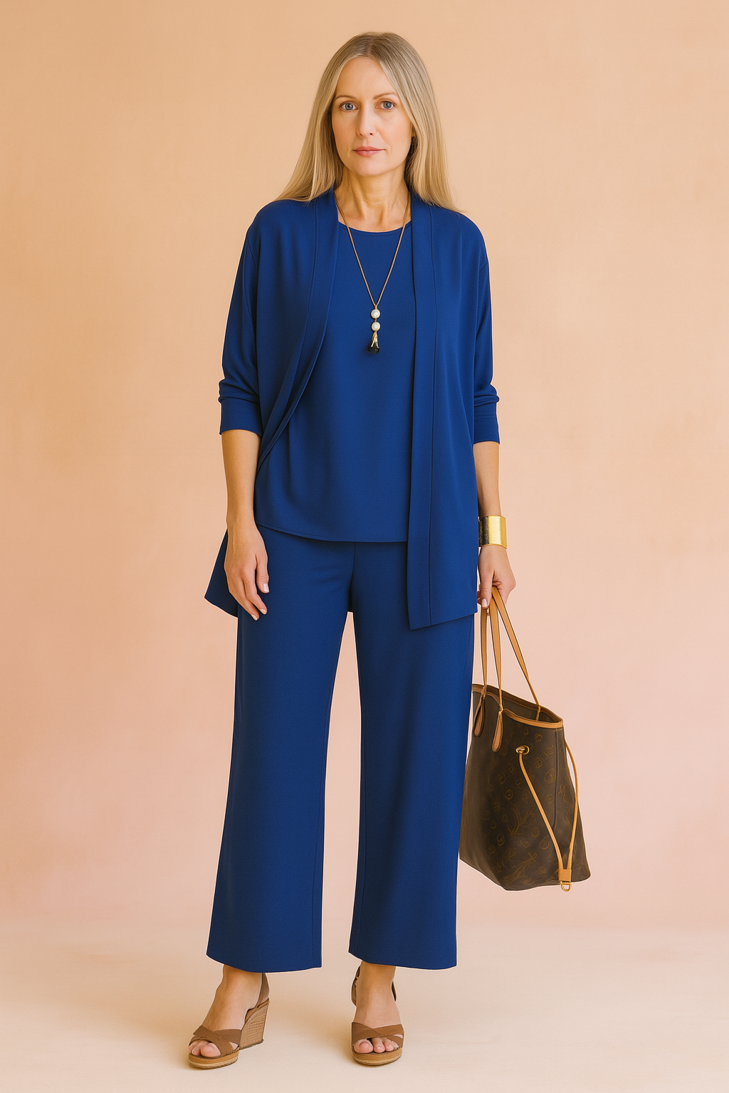 Elegant cobalt blue three-piece women’s outfit featuring an open-front cardigan, matching loose-fit tunic, and wide-leg trousers in soft stretch fabric.