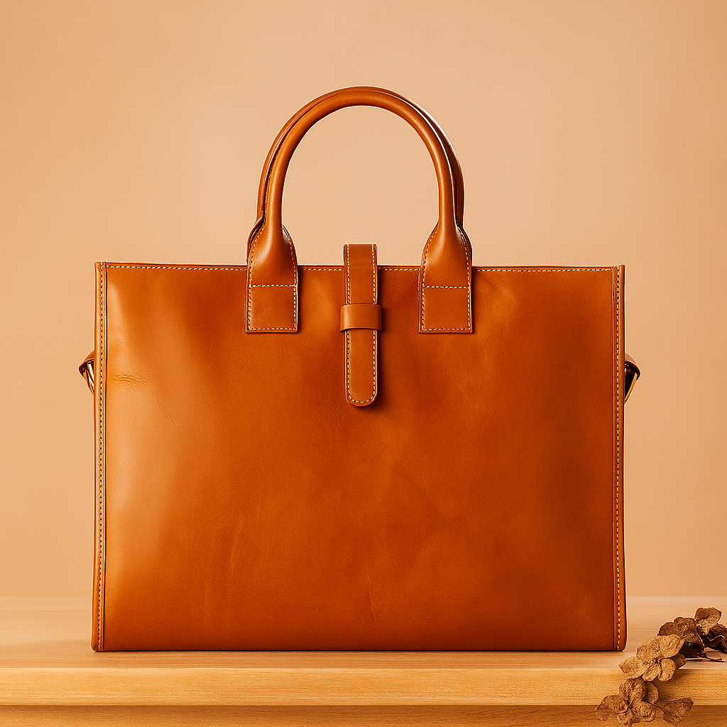 Rectangular cognac leather tote bag with structured top handles and front strap detail, displayed on a wooden platform against a warm sand and pastel pink gradient background.