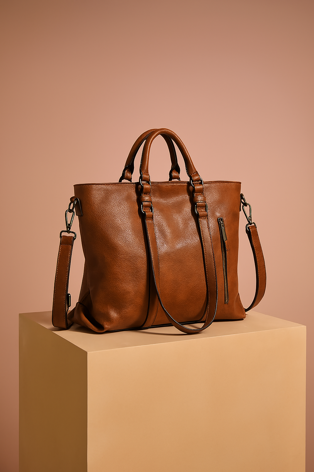 Cognac brown leather tote bag with dual handles, detachable shoulder strap, and gunmetal hardware, presented on a beige platform with a warm sand and pastel pink gradient background.