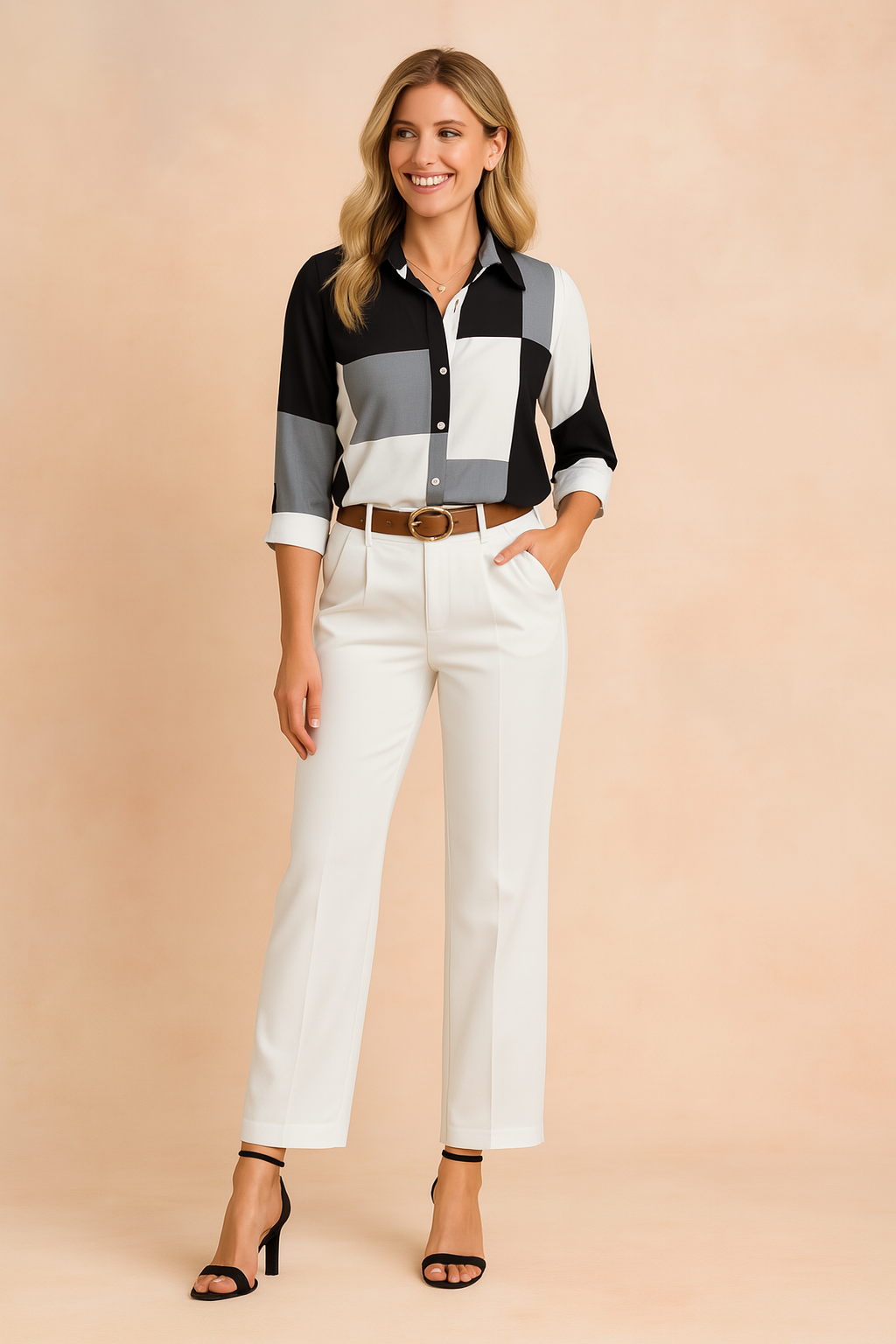 Geometric black, white, and gray color-blocked button-up blouse with a pointed collar, styled with white tailored high-waisted trousers and a brown belt.