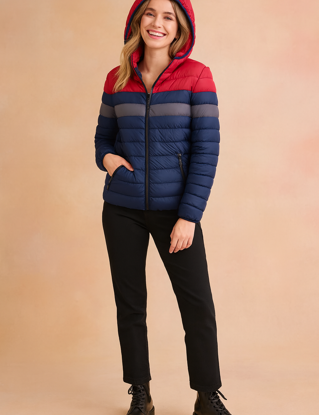 Color-block puffer jacket with red hood and shoulders, gray chest stripe, and navy blue body, featuring zippered side pockets and lightweight quilted padding, paired with black straight-leg pants and black lace-up boots.