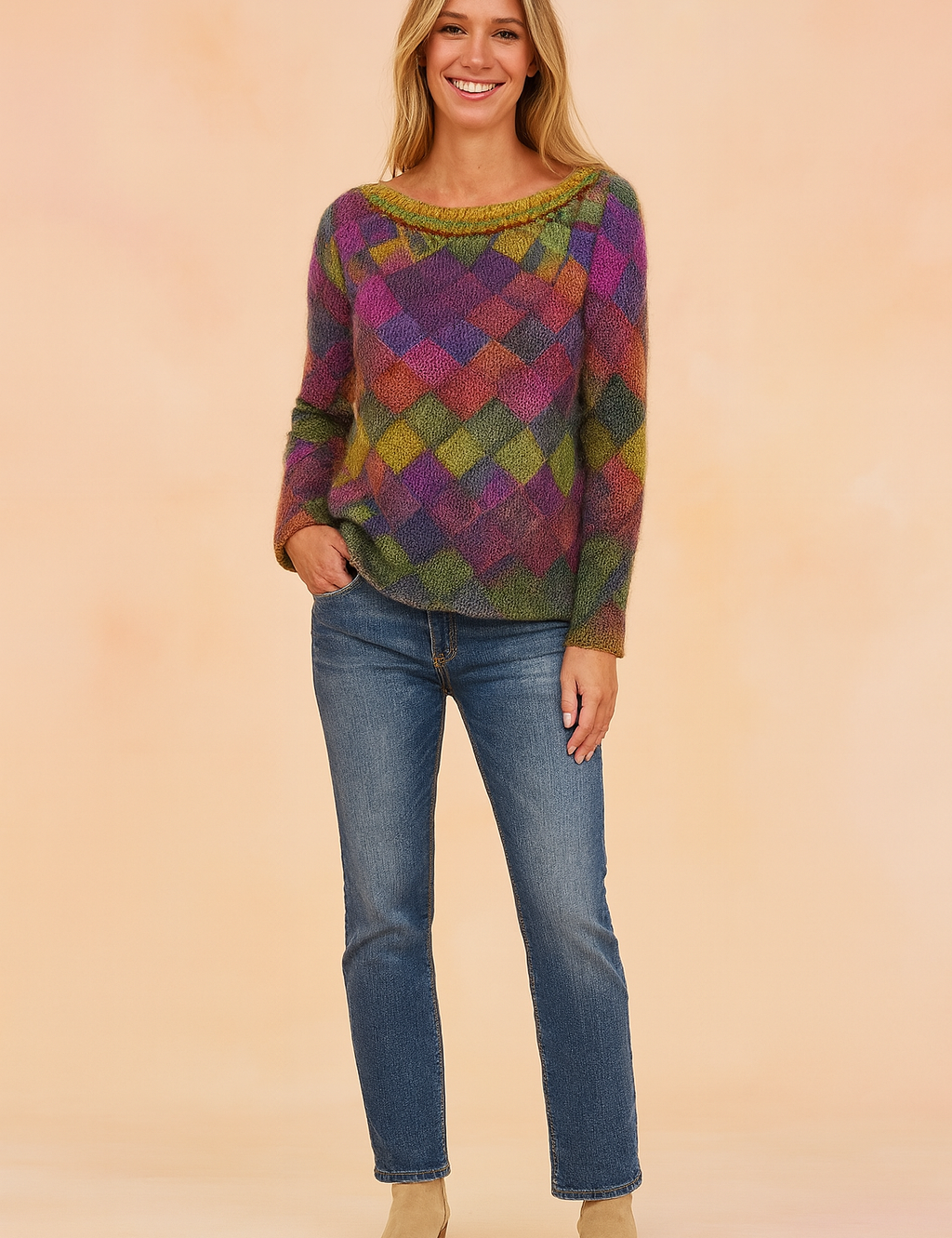 Colorful diamond-patterned knit sweater in shades of purple, pink, green, and yellow, paired with medium-wash straight-leg jeans and beige ankle boots.