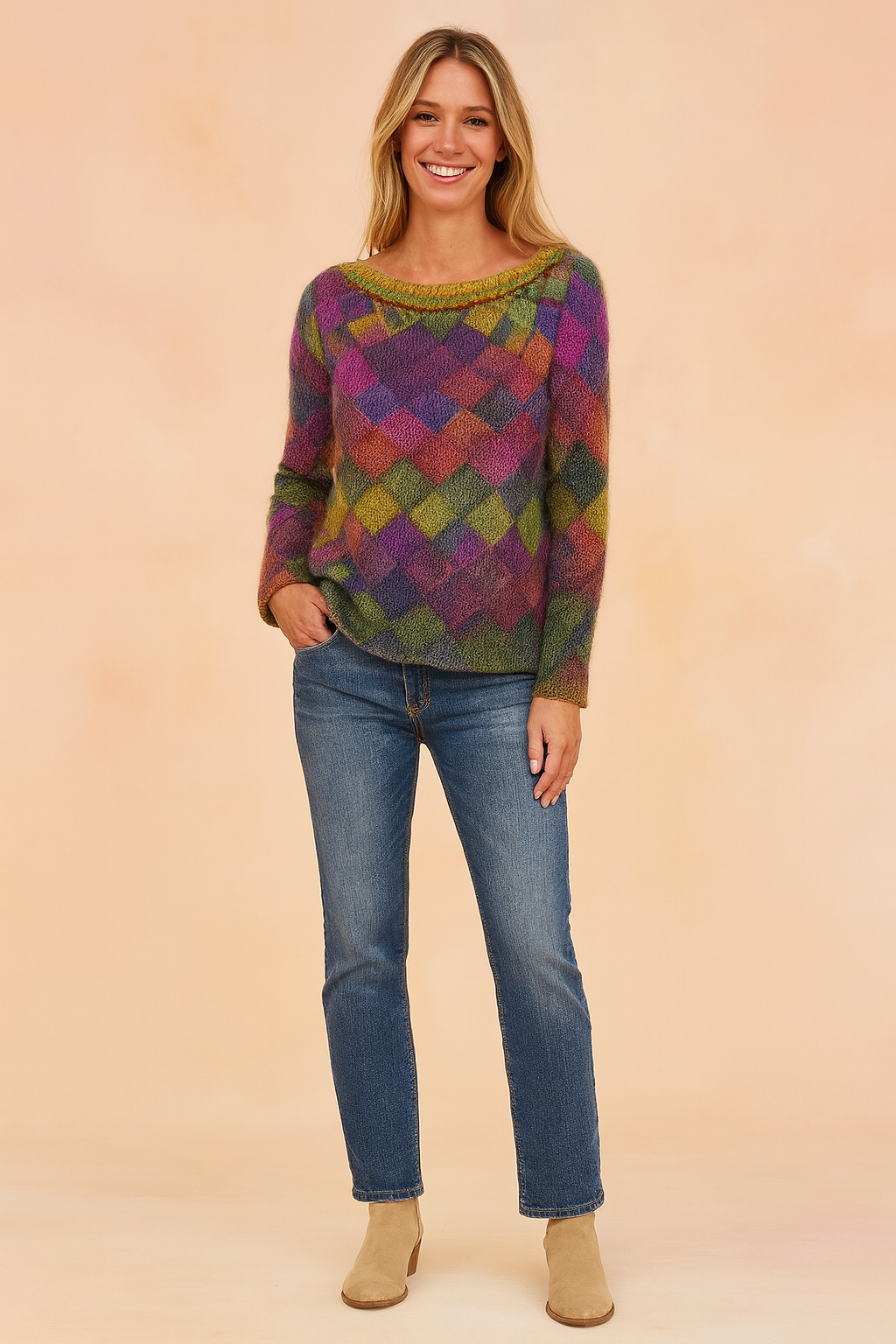 Colorful diamond-patterned knit sweater in shades of purple, pink, green, and yellow, paired with medium-wash straight-leg jeans and beige ankle boots.