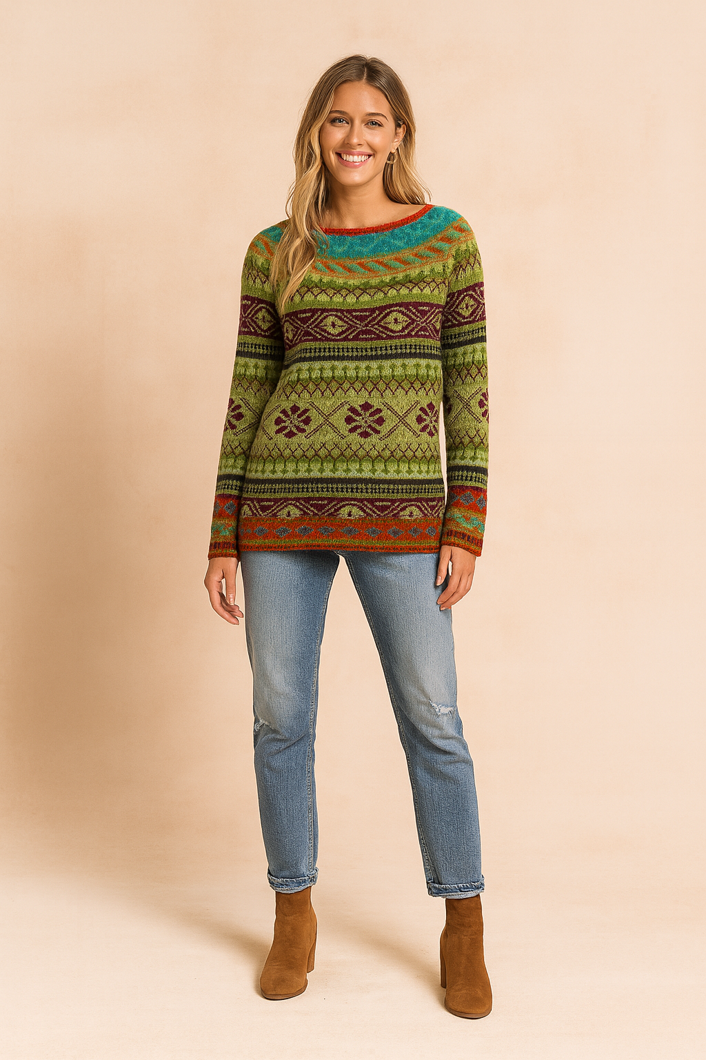 Colorful geometric knit sweater with bold burgundy, green, red, and turquoise woven patterns, featuring floral and diamond motifs, long sleeves, and a relaxed fit.