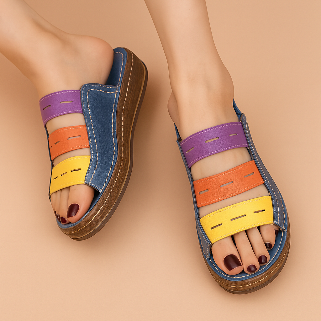 Women's open-toe sandals with multicolor leather straps in purple, orange, and yellow over a blue base, featuring visible stitching and cork wedge soles.