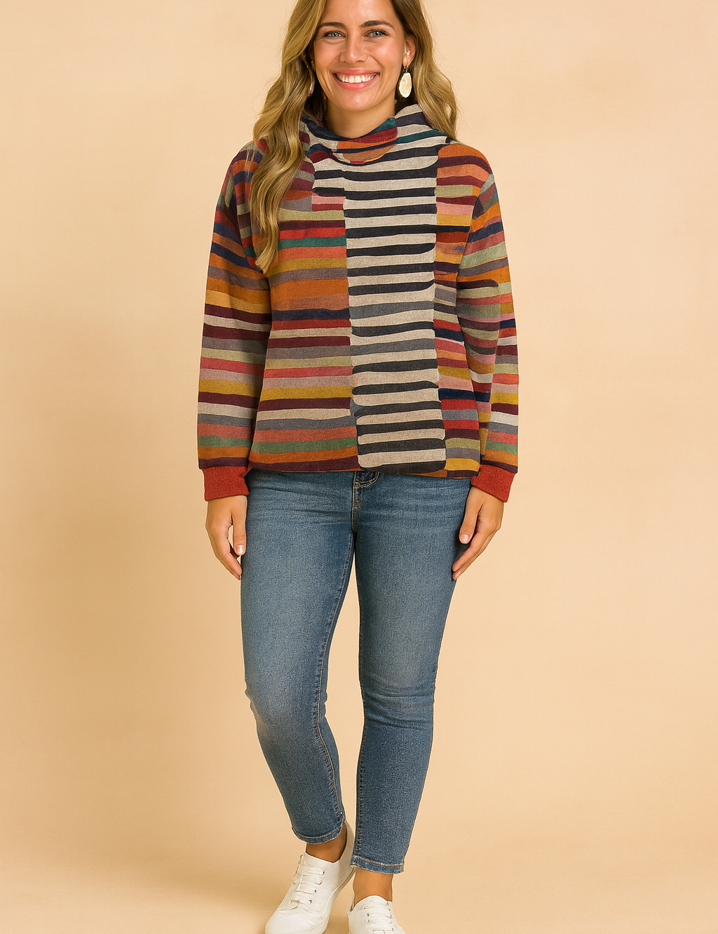 Colorful striped hoodie for women, casual long-sleeve top with multicolor horizontal and vertical stripes.