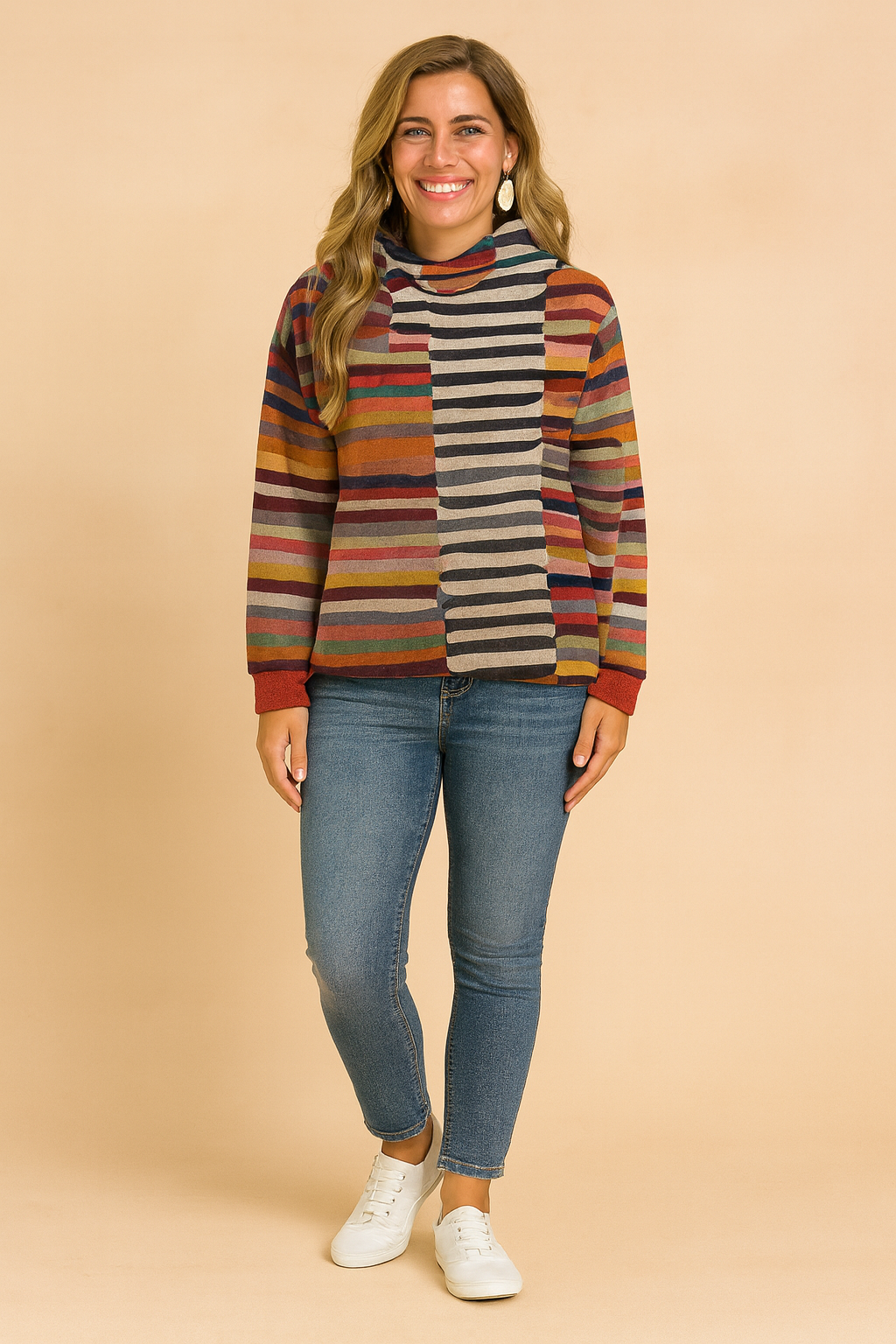 Colorful striped hoodie for women, casual long-sleeve top with multicolor horizontal and vertical stripes.