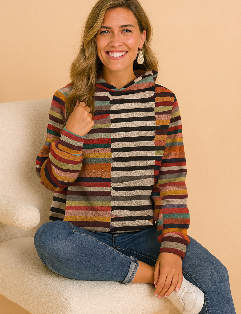 Colorful striped hoodie for women, casual long-sleeve top with multicolor horizontal and vertical stripes.