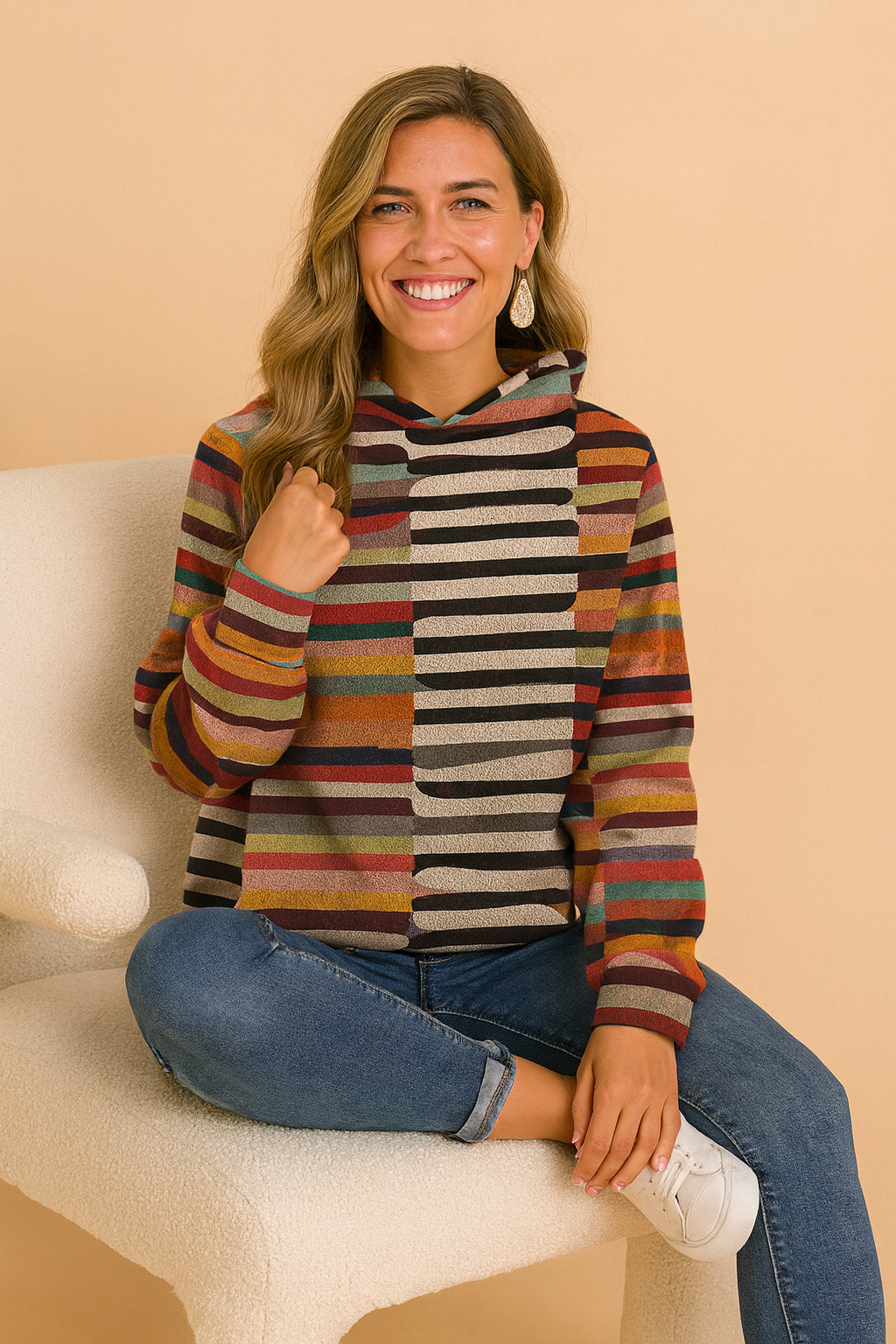 Colorful striped hoodie for women, casual long-sleeve top with multicolor horizontal and vertical stripes.