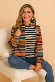 Colorful striped hoodie for women, casual long-sleeve top with multicolor horizontal and vertical stripes.