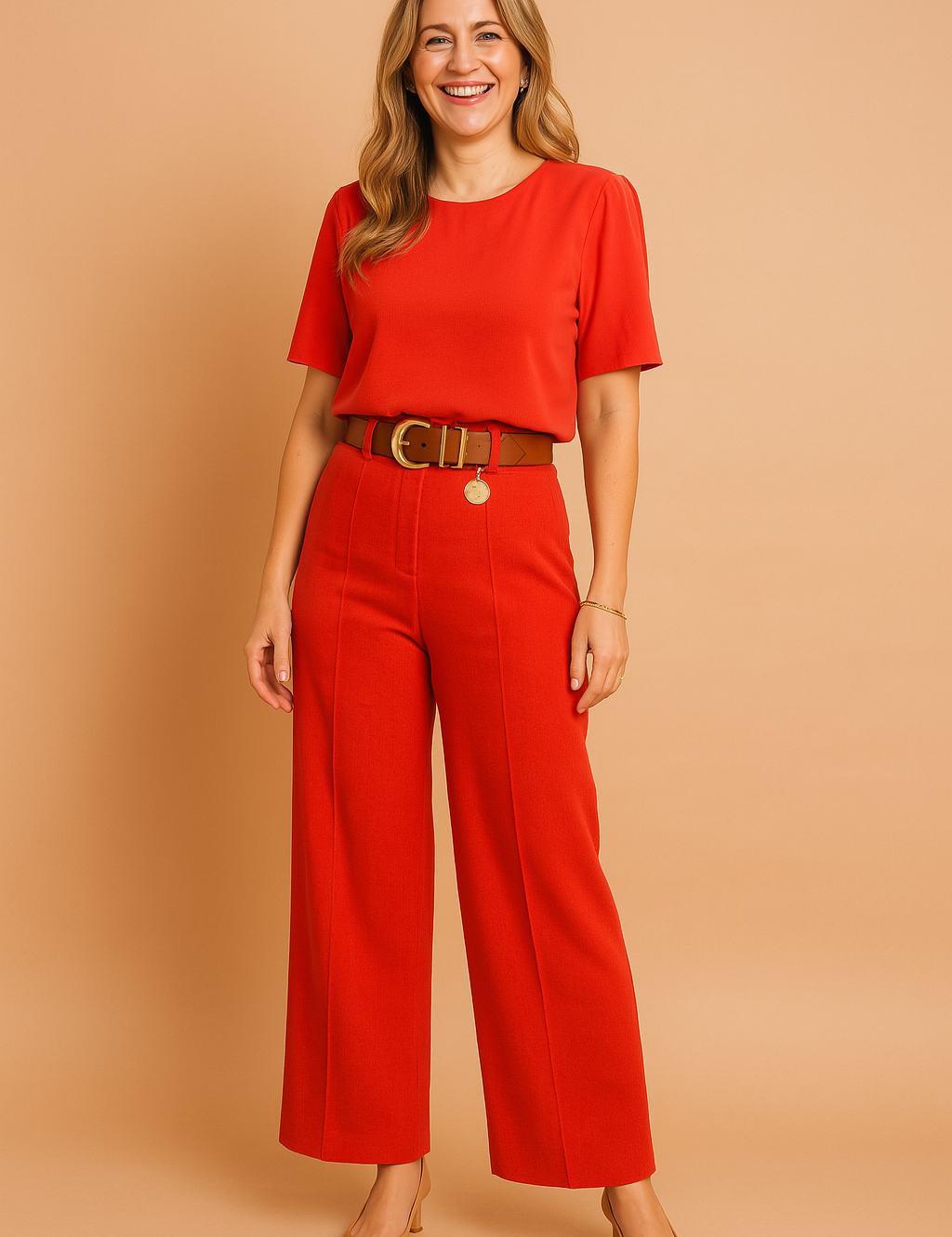 Elegant red two-piece coord set featuring a cropped short-sleeve blouse and high-waisted wide-leg trousers, styled with a chunky brown belt and gold medallion detail.