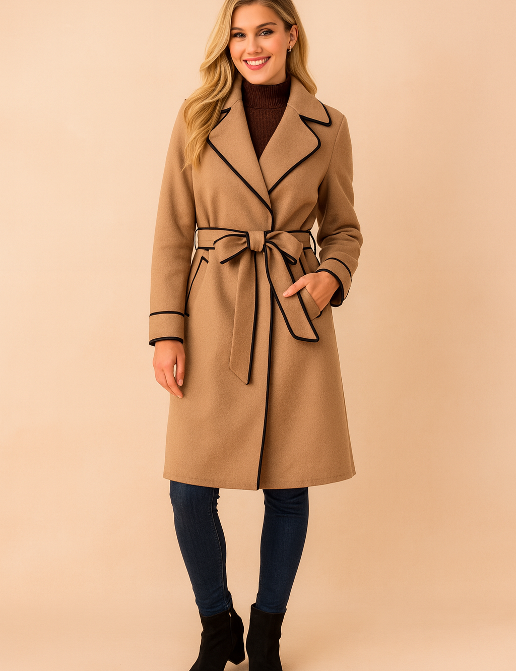 Chic belted trench coat with contrast black trim detailing, tailored lapels, and a modern waist tie for a polished silhouette.