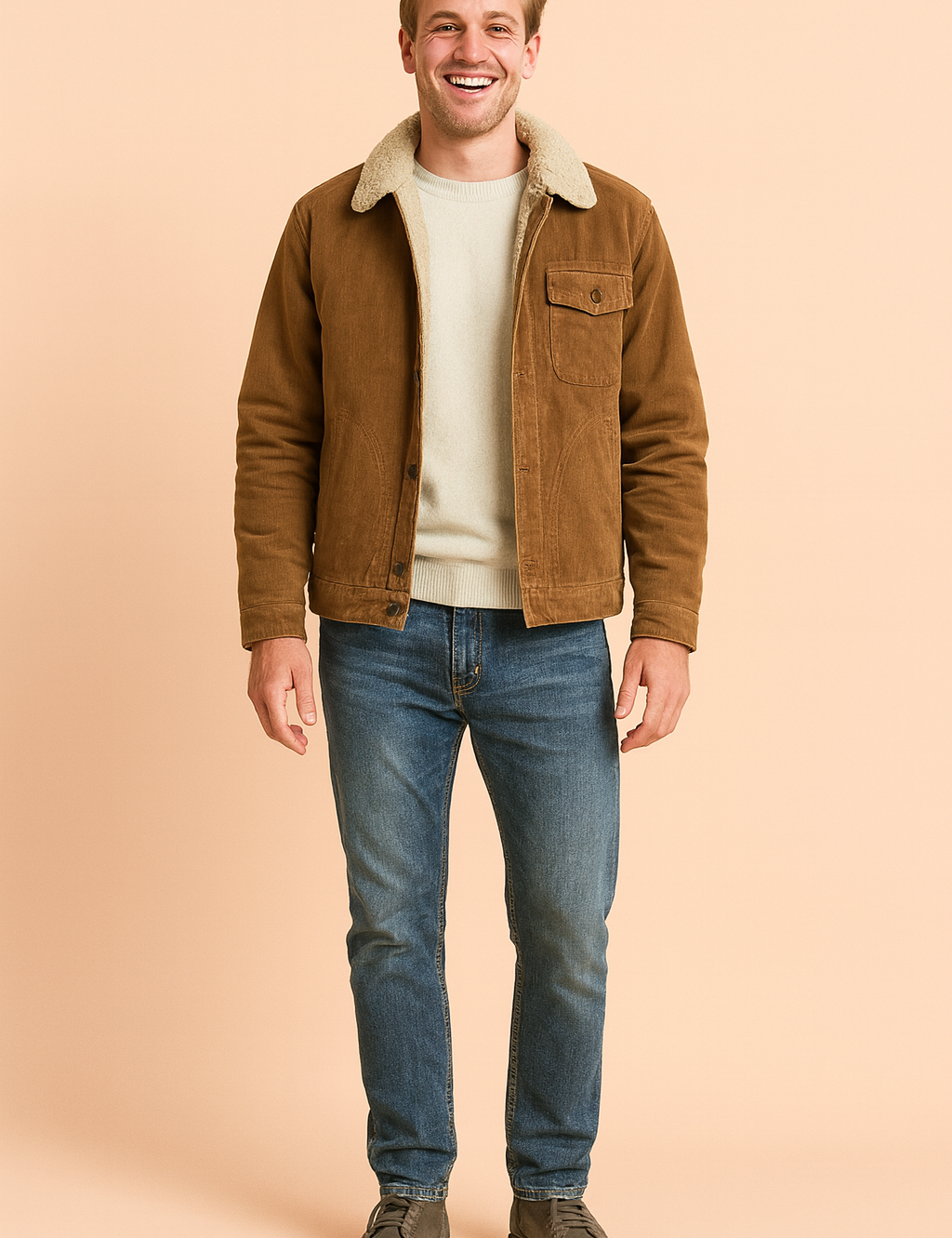 Brown corduroy shearling-lined jacket with button closure, chest pocket, side pockets, and classic straight cut styled with a cream sweater, blue jeans, and gray suede boots.