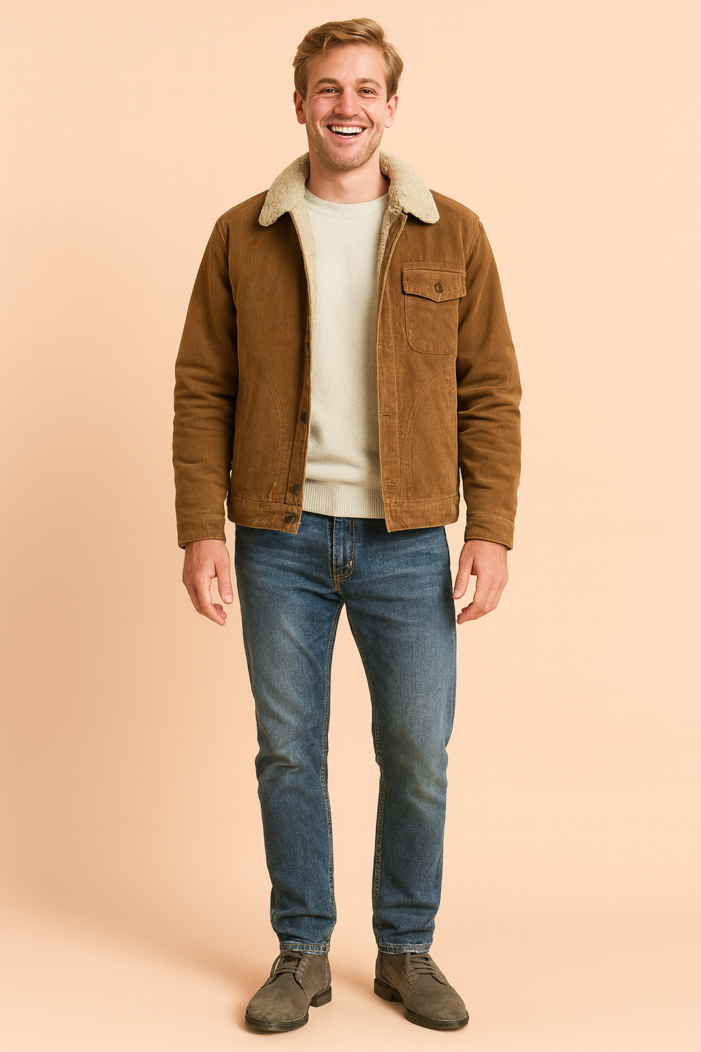 Brown corduroy shearling-lined jacket with button closure, chest pocket, side pockets, and classic straight cut styled with a cream sweater, blue jeans, and gray suede boots.