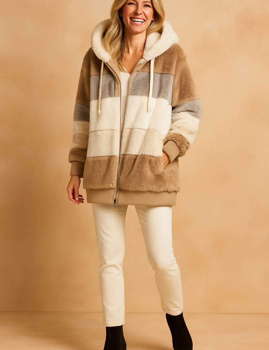 Color-blocked faux fur hooded coat in taupe, cream, and light gray stripes, paired with slim white pants and black ankle boots.