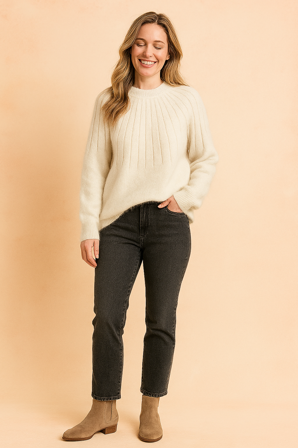 Cream ribbed knit sweater with a soft, fuzzy texture, paired with high-waisted charcoal jeans and taupe suede ankle boots.
